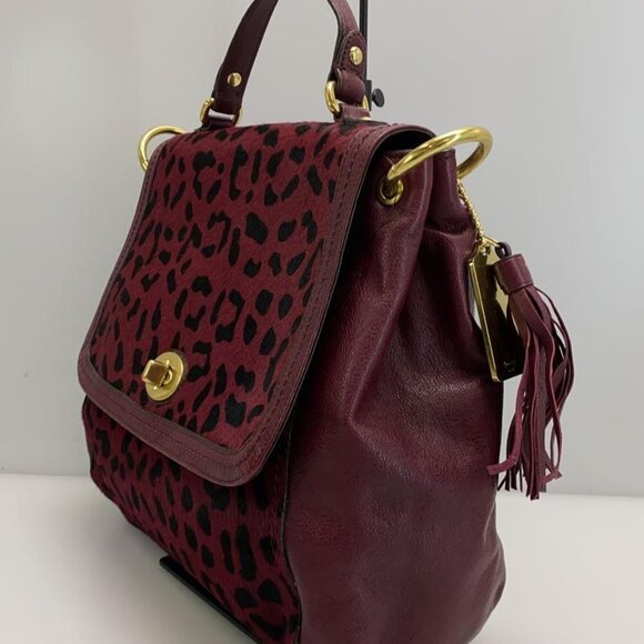 Coach Park Hair Calf turn Lock Flap Satchel in Leopard Oxblood Burgundy  F24986 - Picture 2 of 16